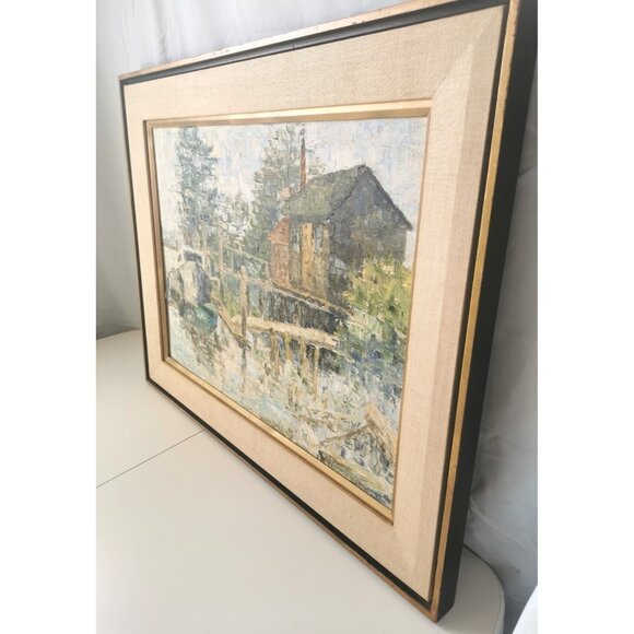 Original Oil Painting Waterfront by Peggy Hill Signed 1974 H 24.25 inch, W 30.25 - Picture 3 of 16